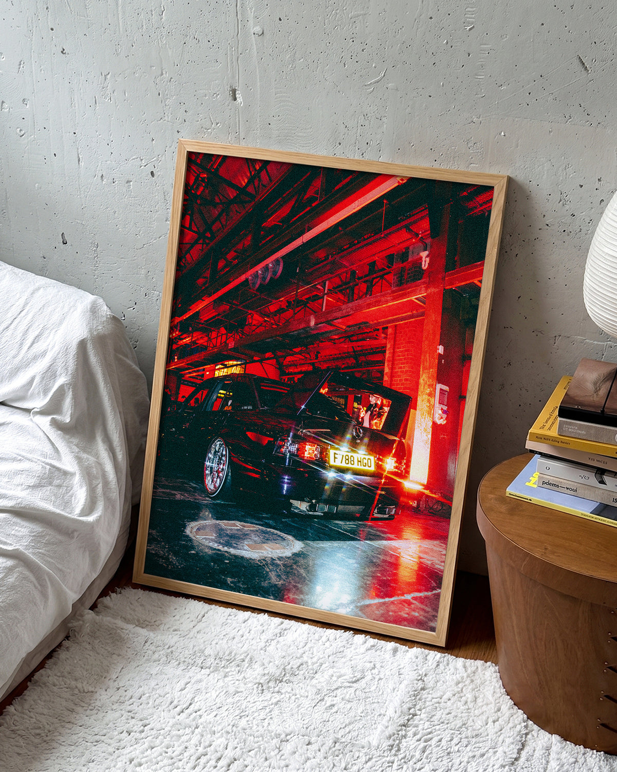 After Hours night car photography print in an oak frame on a wall