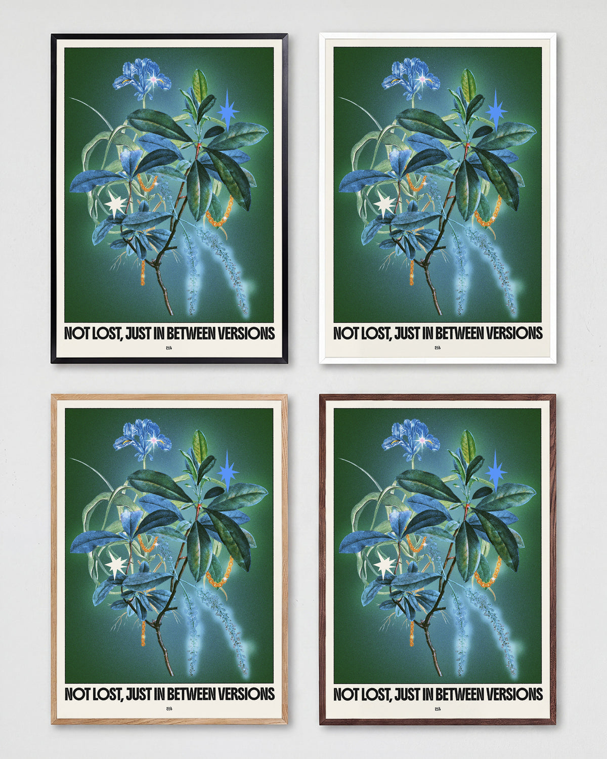 Between versions retro quote collage print shown in all frame colours