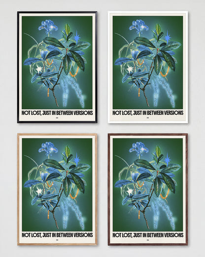 Between versions retro quote collage print shown in all frame colours