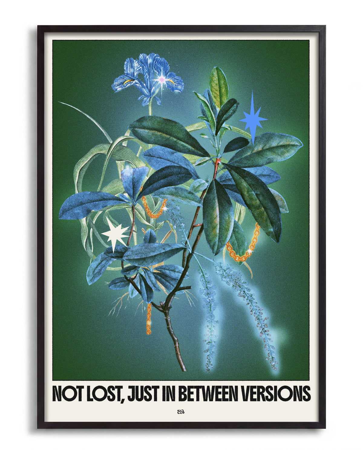 Between versions retro quote collage print in a black frame