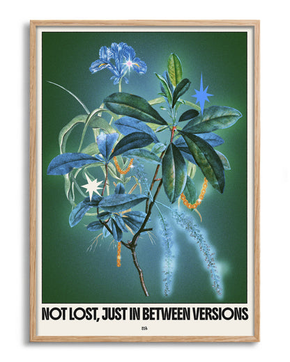 Between versions retro quote collage print in an oak frame