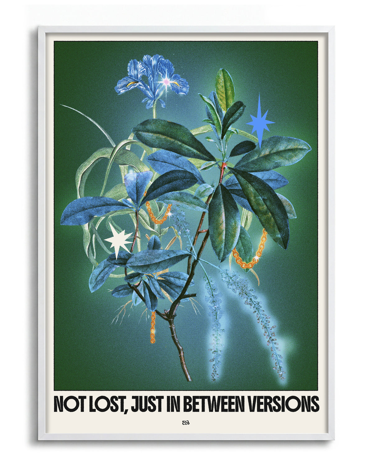 Between versions retro quote collage print in a white frame