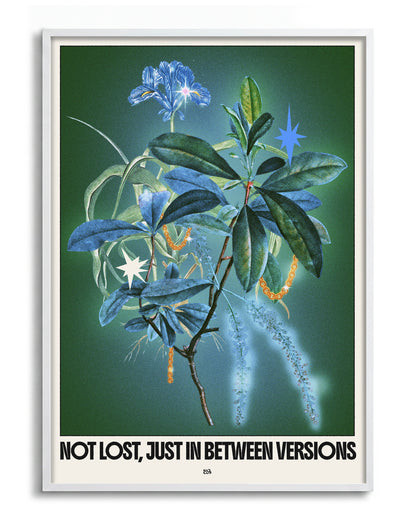 Between versions retro quote collage print in a white frame