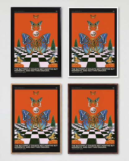 Butterfly psychedelic pop art collage print shown in all frame colours