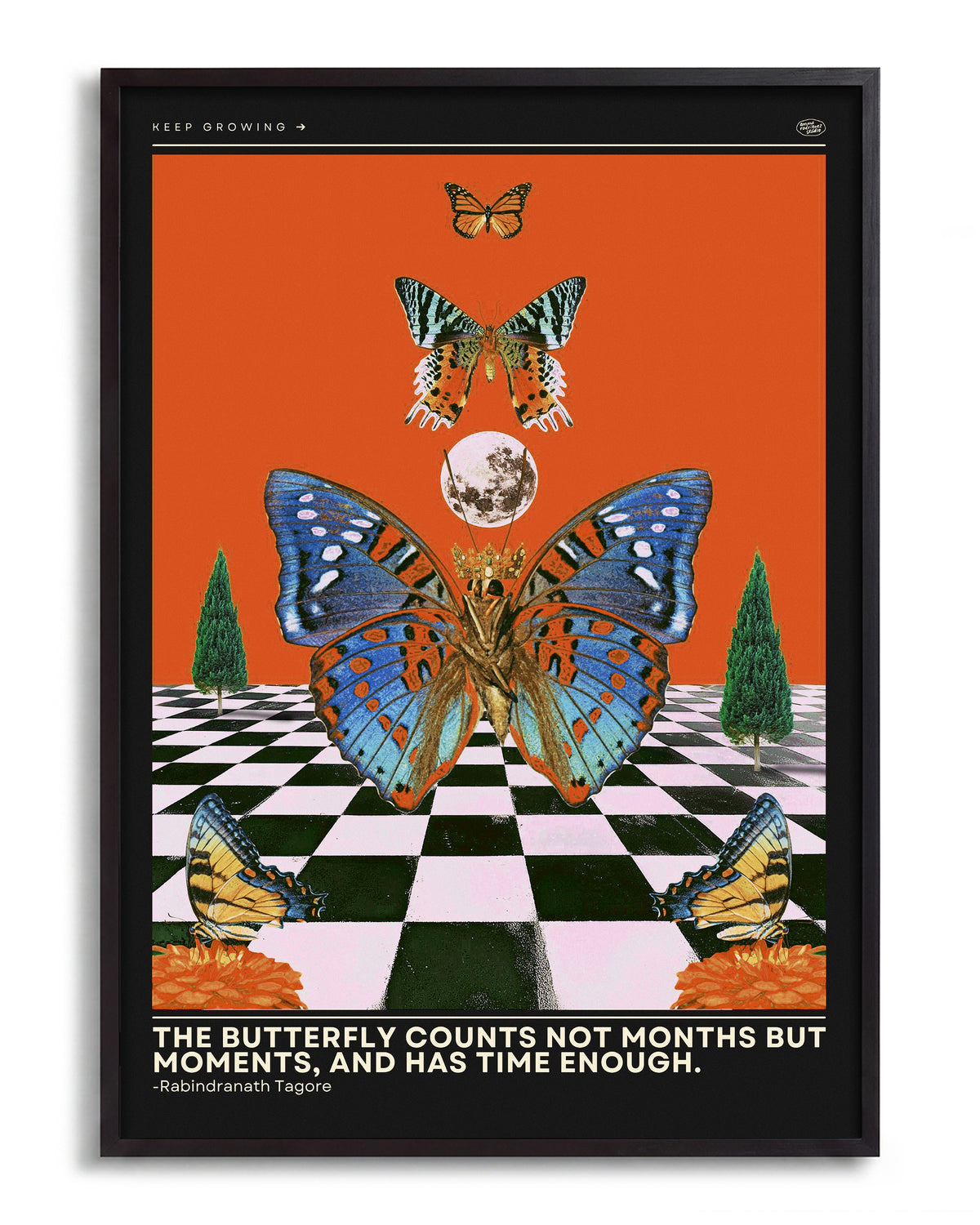 Butterfly psychedelic pop art collage print in a black frame