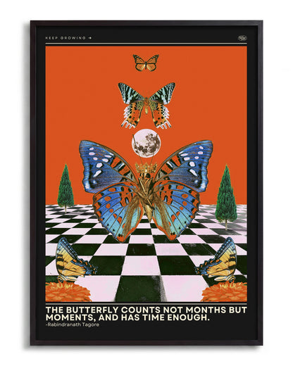 Butterfly psychedelic pop art collage print in a black frame