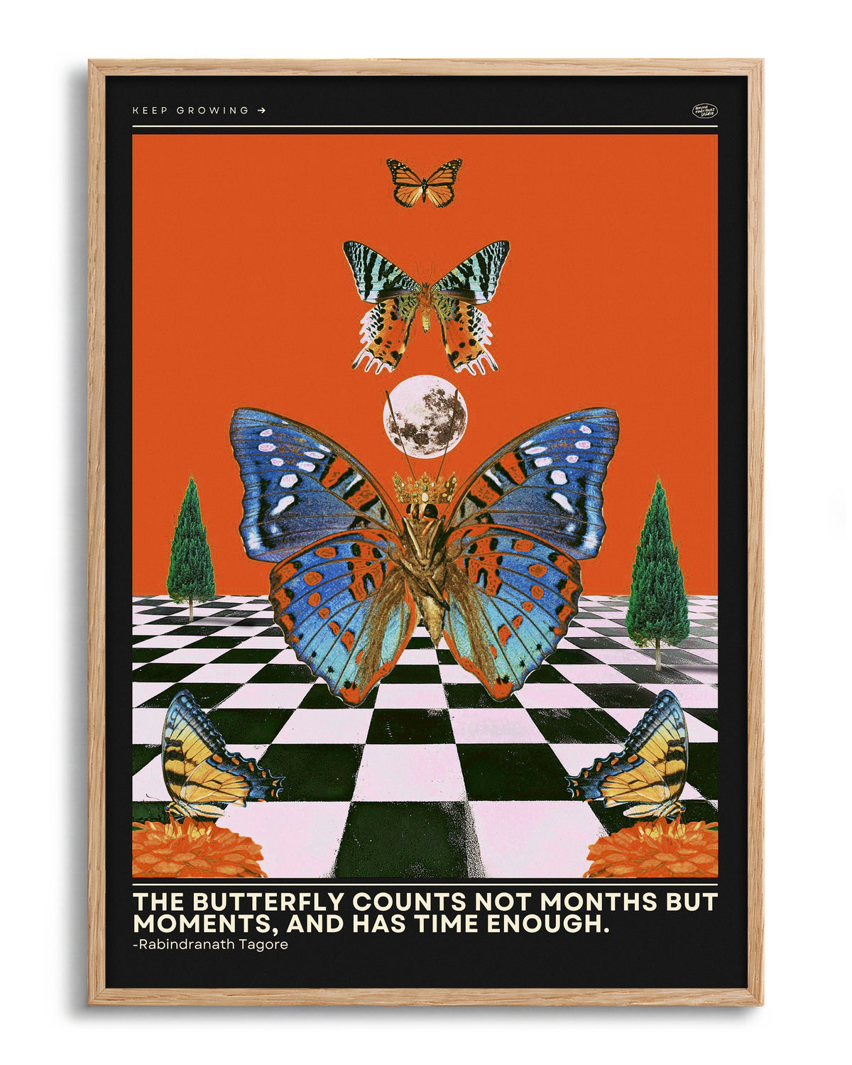 Butterfly psychedelic pop art collage print in an oak frame