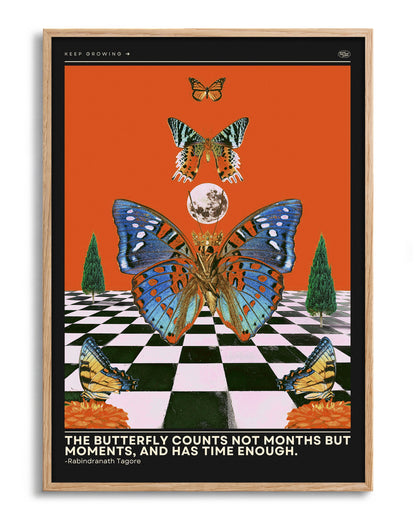 Butterfly psychedelic pop art collage print in an oak frame