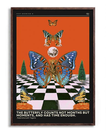Butterfly psychedelic pop art collage print in a walnut frame