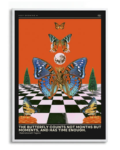 Butterfly psychedelic pop art collage print in a white frame