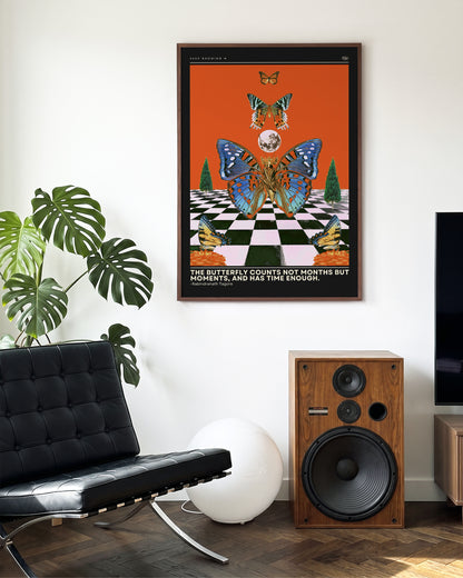 Butterfly psychedelic pop art collage print in a walnut frame on a wall