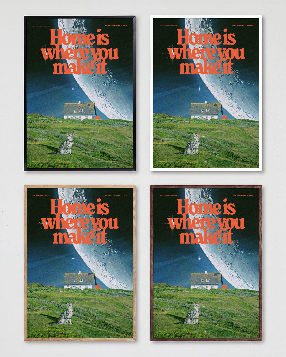 Between worlds retro space collage print shown in all frame colours