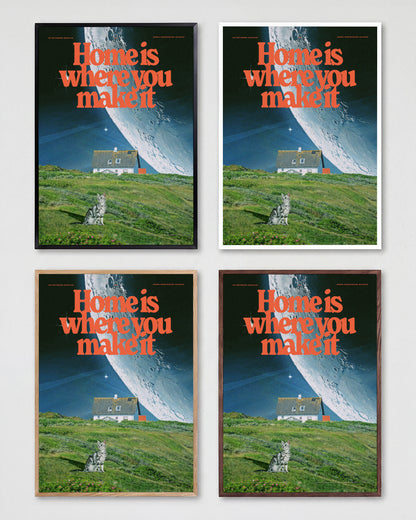 Between worlds retro space collage print shown in all frame colours