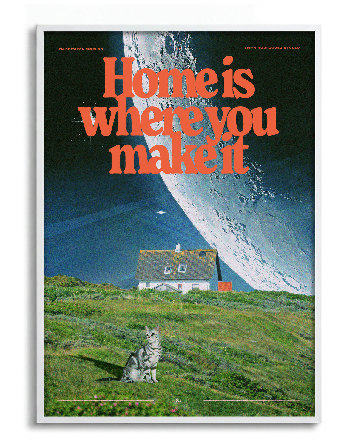 Between worlds retro space collage print in a white frame