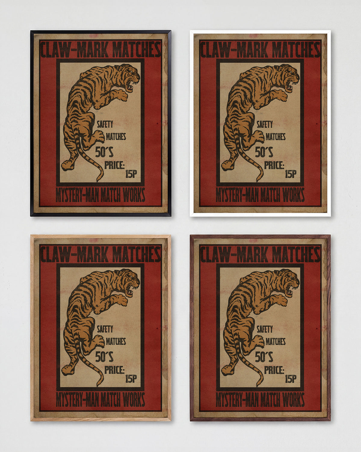 Claw Mark Matches vintage matchbox art print shown in all frame colours
