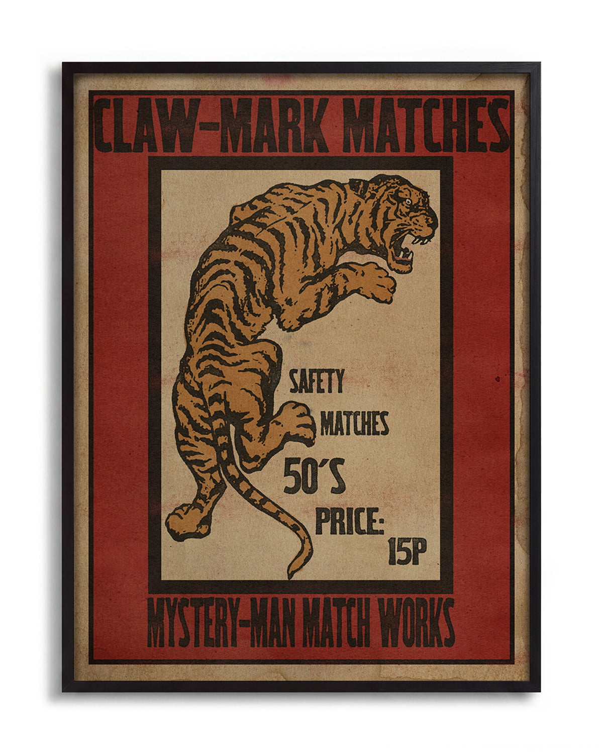 Claw Mark Matches vintage matchbox art print in a black frame