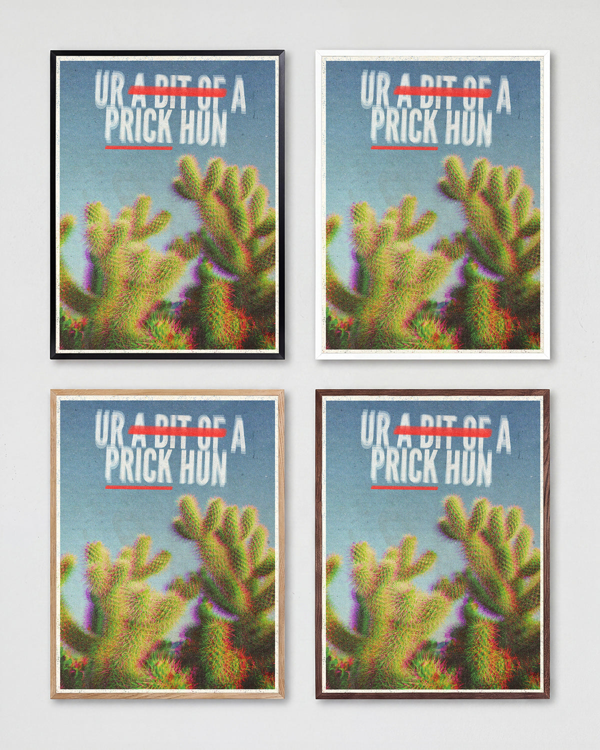 Bit of a Prick funny cactus quote poster shown in all frame colours