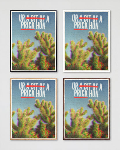 Bit of a Prick funny cactus quote poster shown in all frame colours