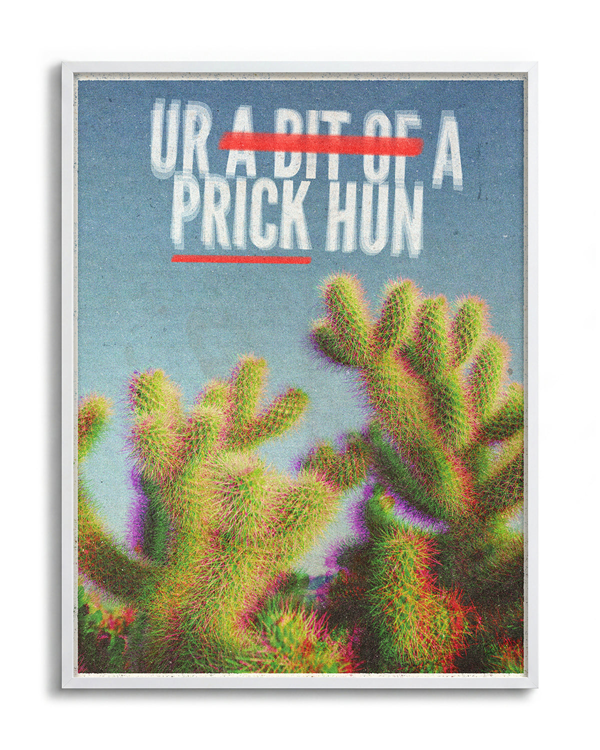 Bit of a Prick funny cactus quote poster in a white frame