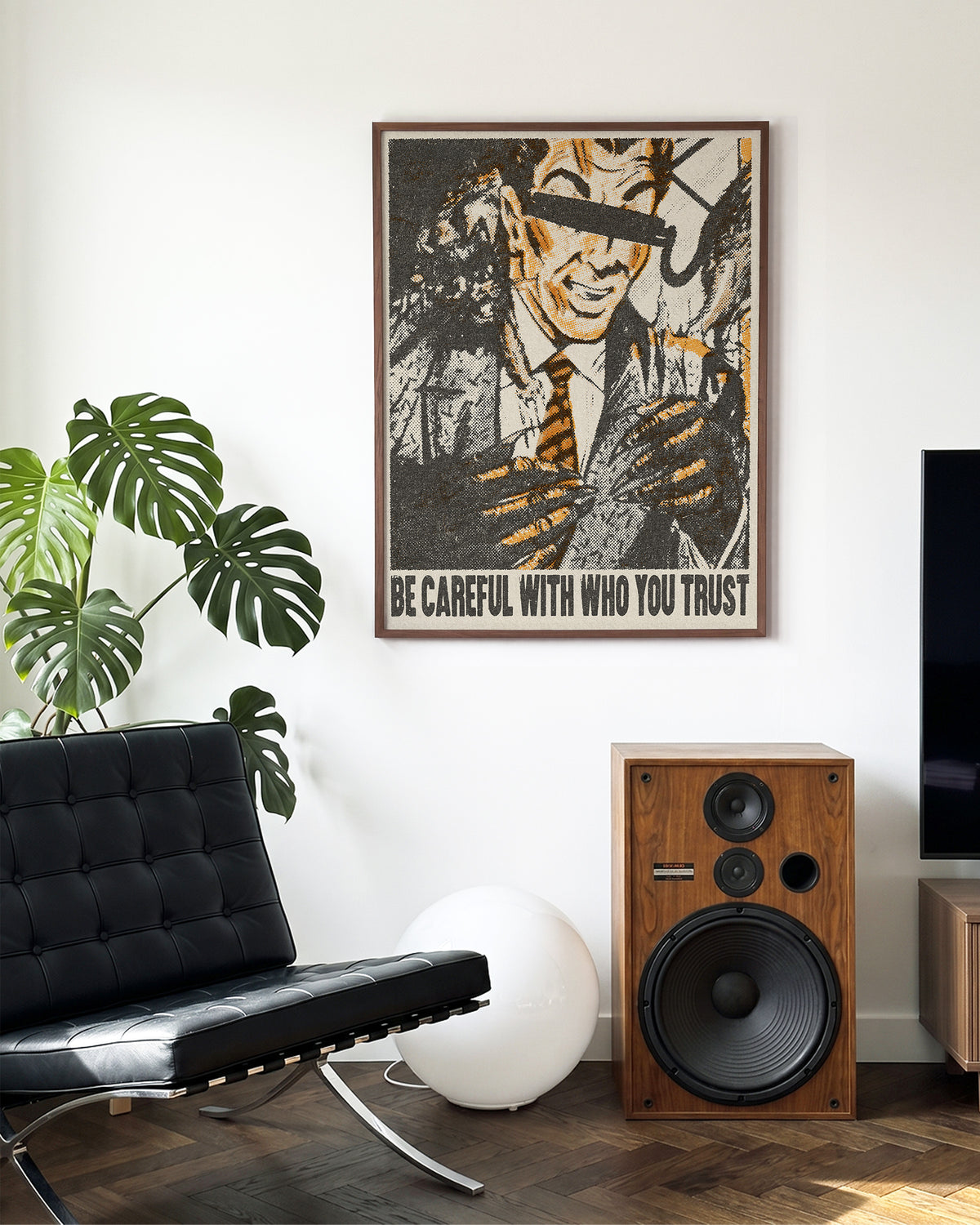 Be Careful Who You Trust retro quote poster in a walnut frame on a wall