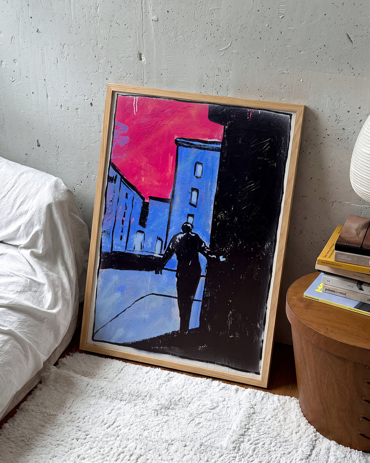 7953 abstract figurative painting print in an oak frame on a wall