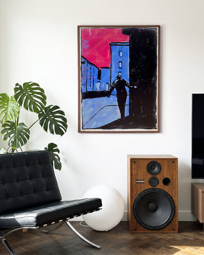 7953 abstract figurative painting print in a walnut frame on a wall