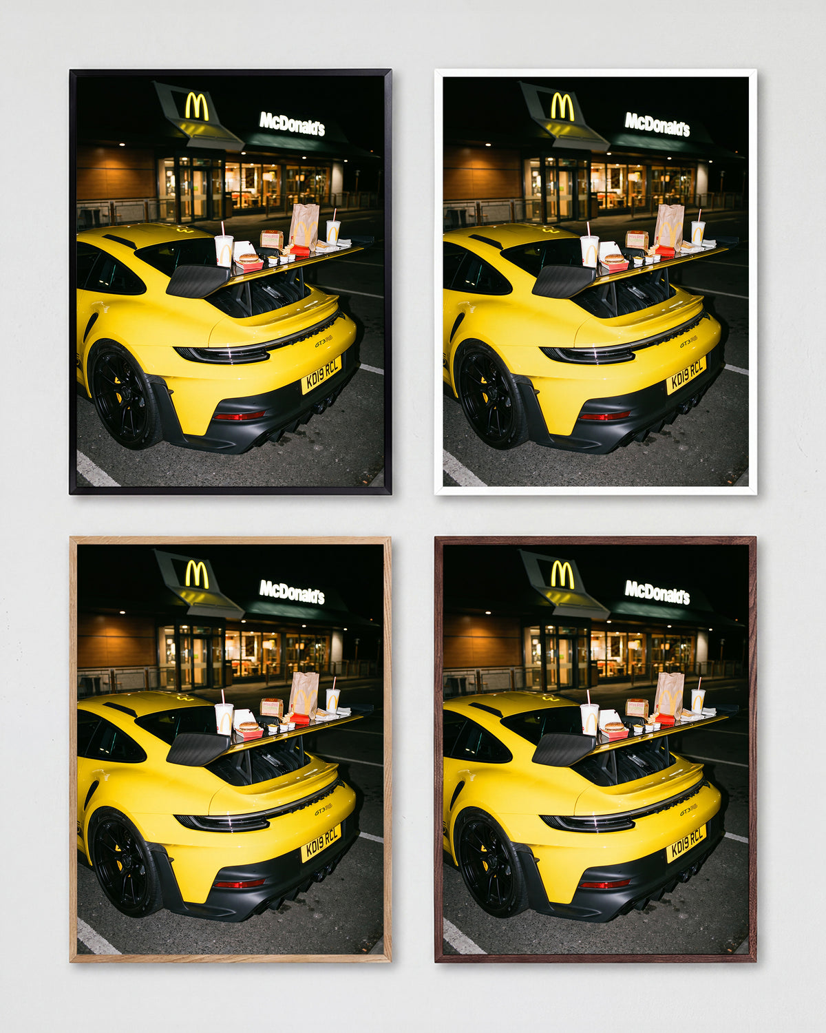 Drive Thru supercar photography poster shown in all frame colours