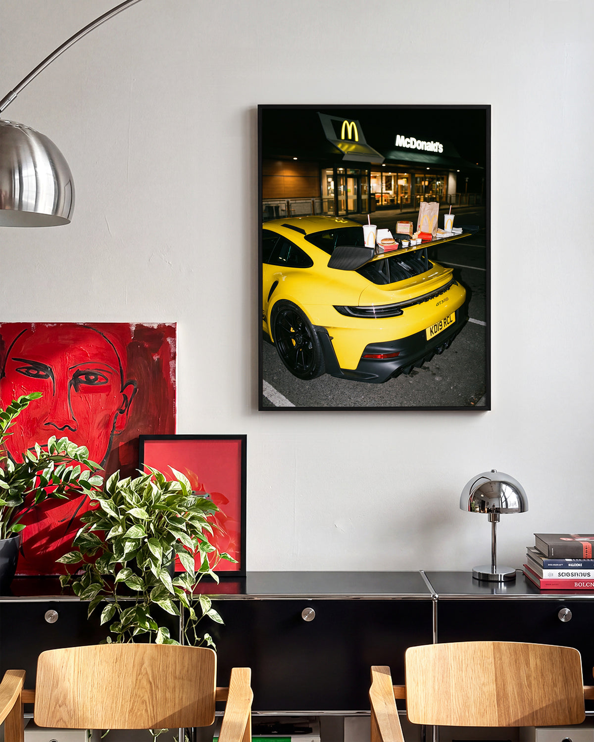 Drive Thru supercar photography poster in a black frame on a wall