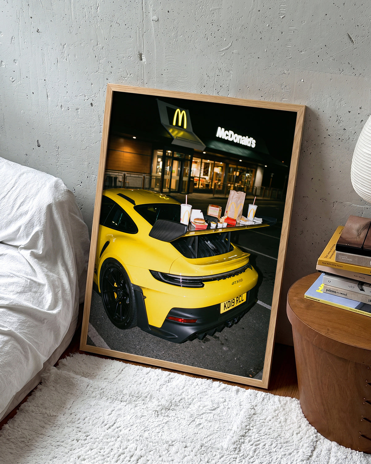 Drive Thru supercar photography poster in an oak frame on a wall