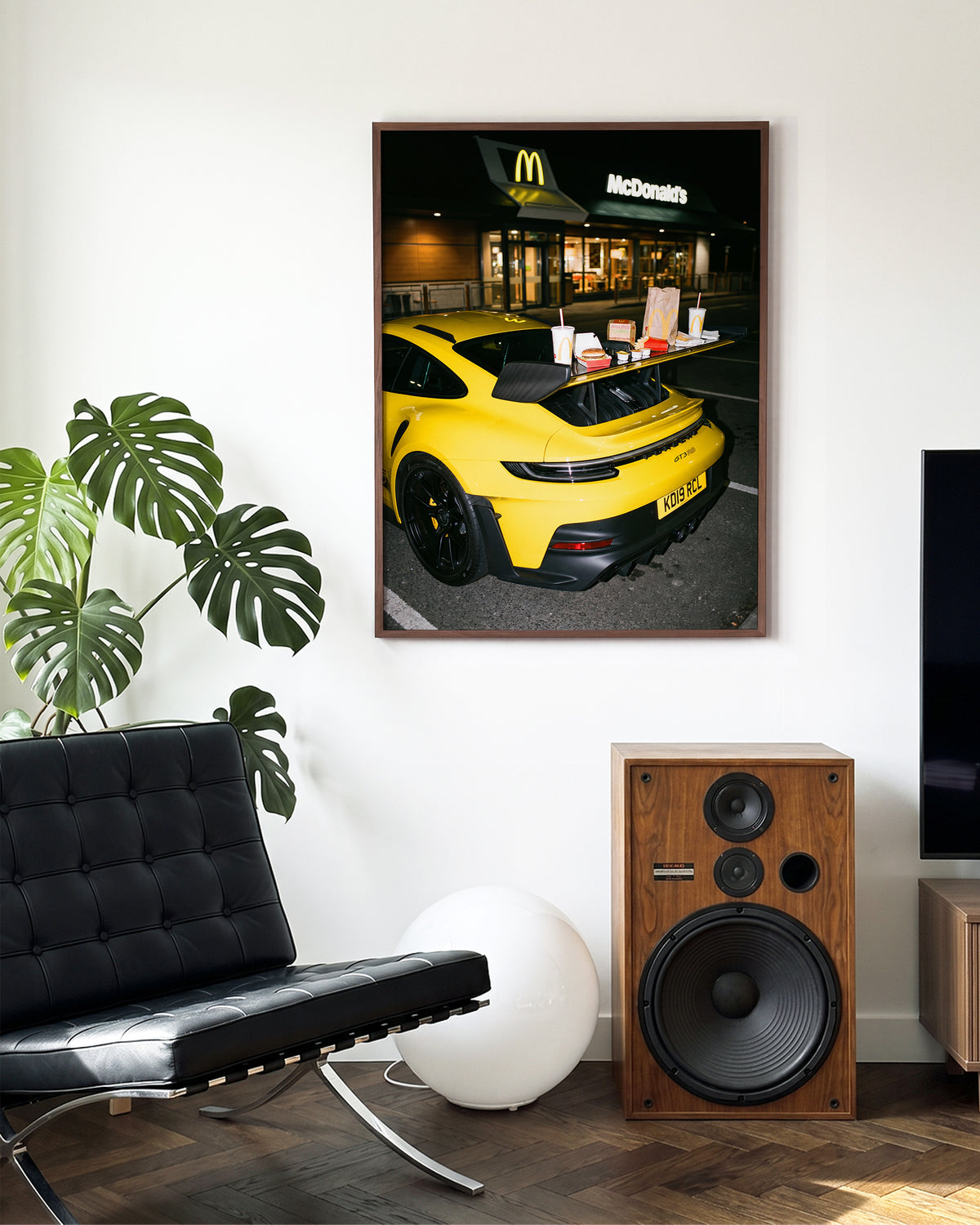 Drive Thru supercar photography poster in a walnut frame on a wall