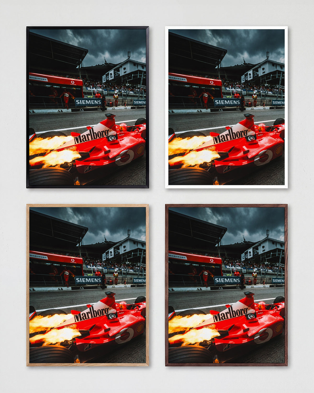 Ferrari Fire vintage Ferrari racing poster shown in all frame colours