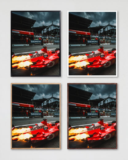 Ferrari Fire vintage Ferrari racing poster shown in all frame colours