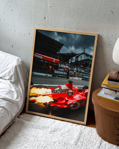 Ferrari Fire vintage Ferrari racing poster in an oak frame on a wall