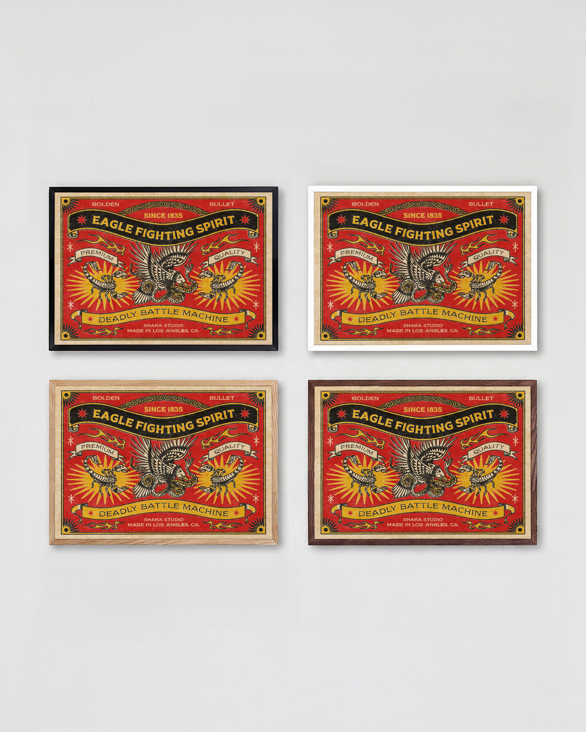 Eagle Fighting Spirit vintage eagle art print shown in all frame colours