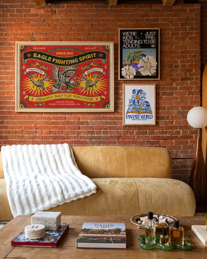 Eagle Fighting Spirit vintage eagle art print in an oak frame on a wall