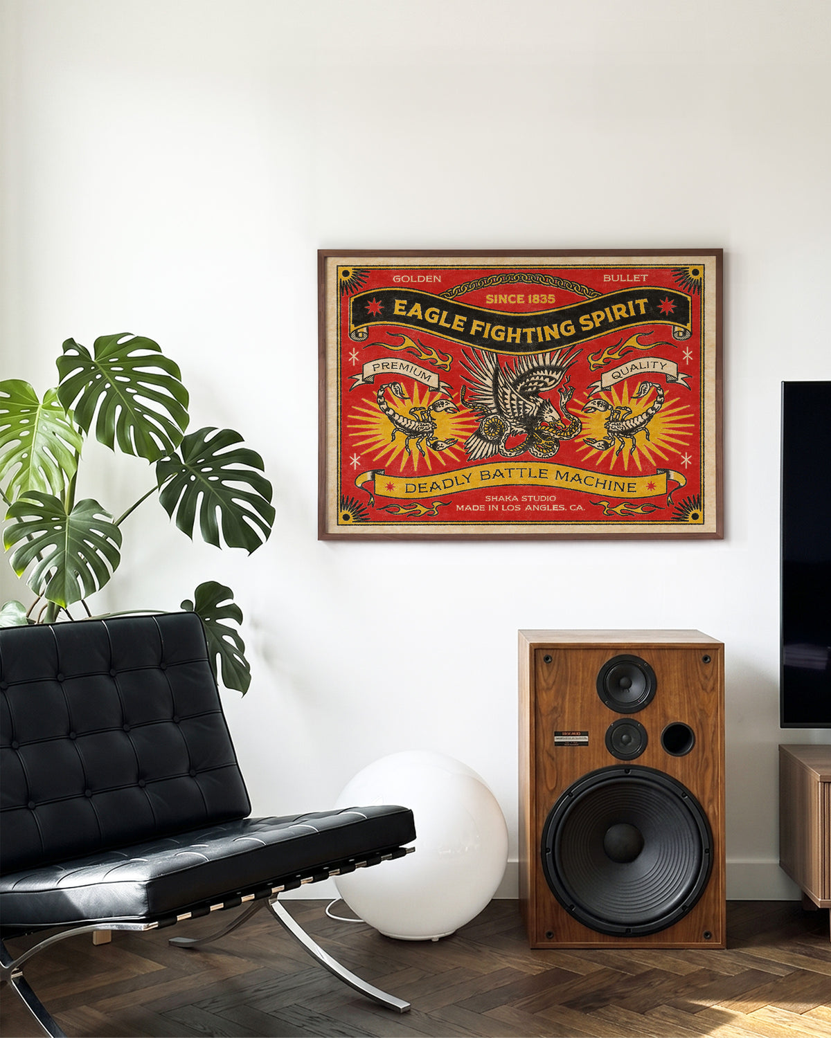 Eagle Fighting Spirit vintage eagle art print in a walnut frame on a wall