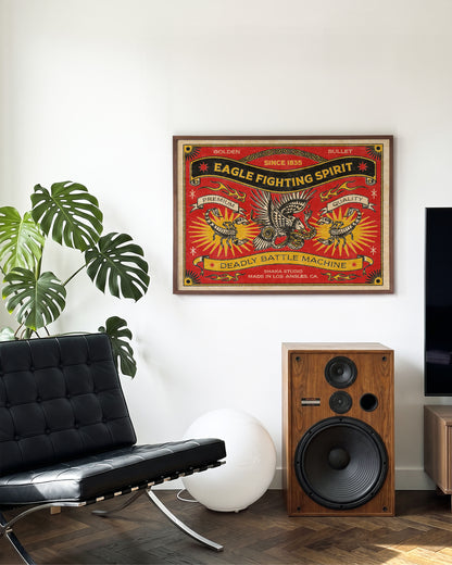 Eagle Fighting Spirit vintage eagle art print in a walnut frame on a wall