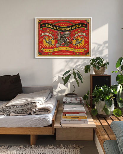 Eagle Fighting Spirit vintage eagle art print in a white frame on a wall