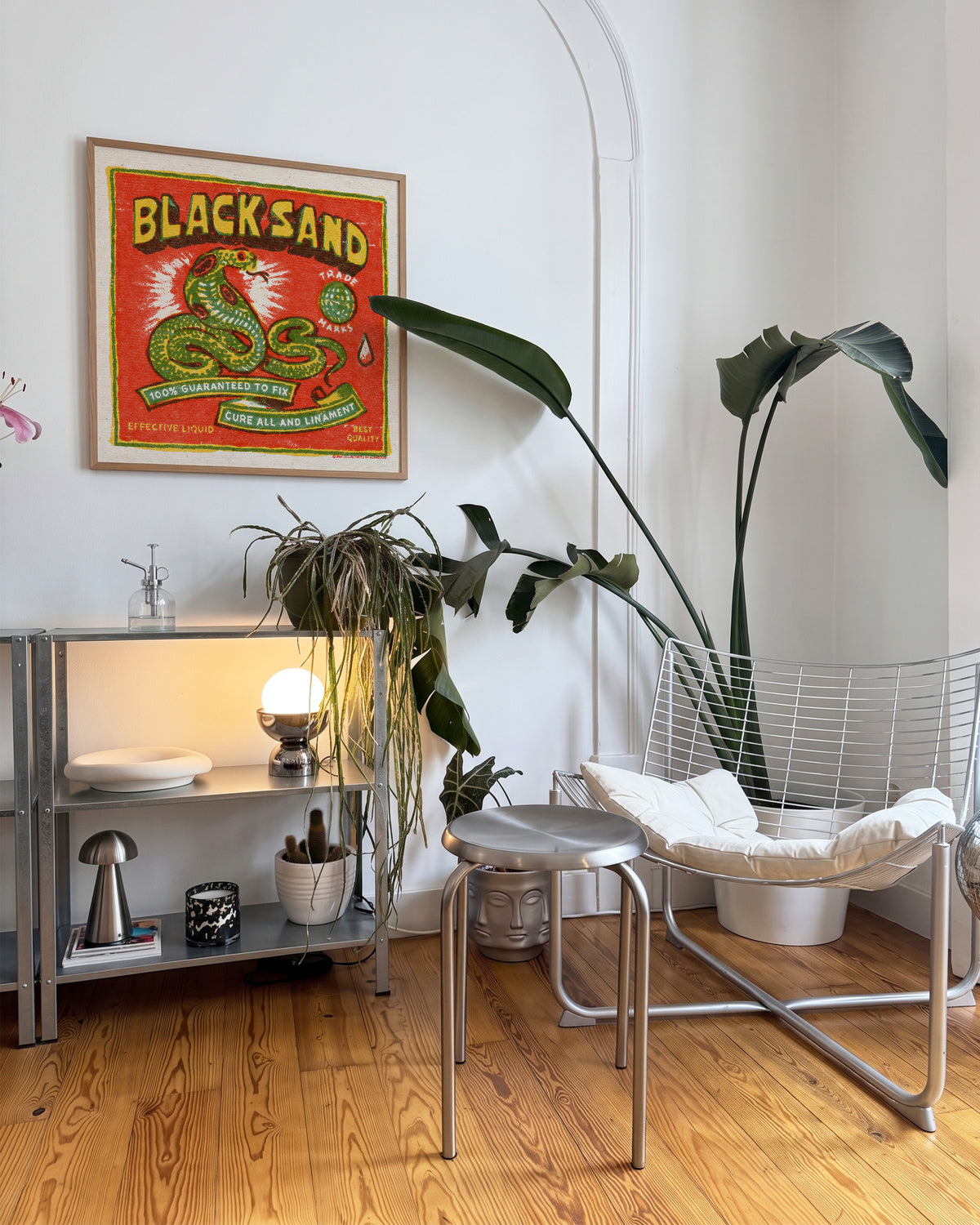 Black Sand Cobra vintage cobra tattoo print in an oak frame on a wall