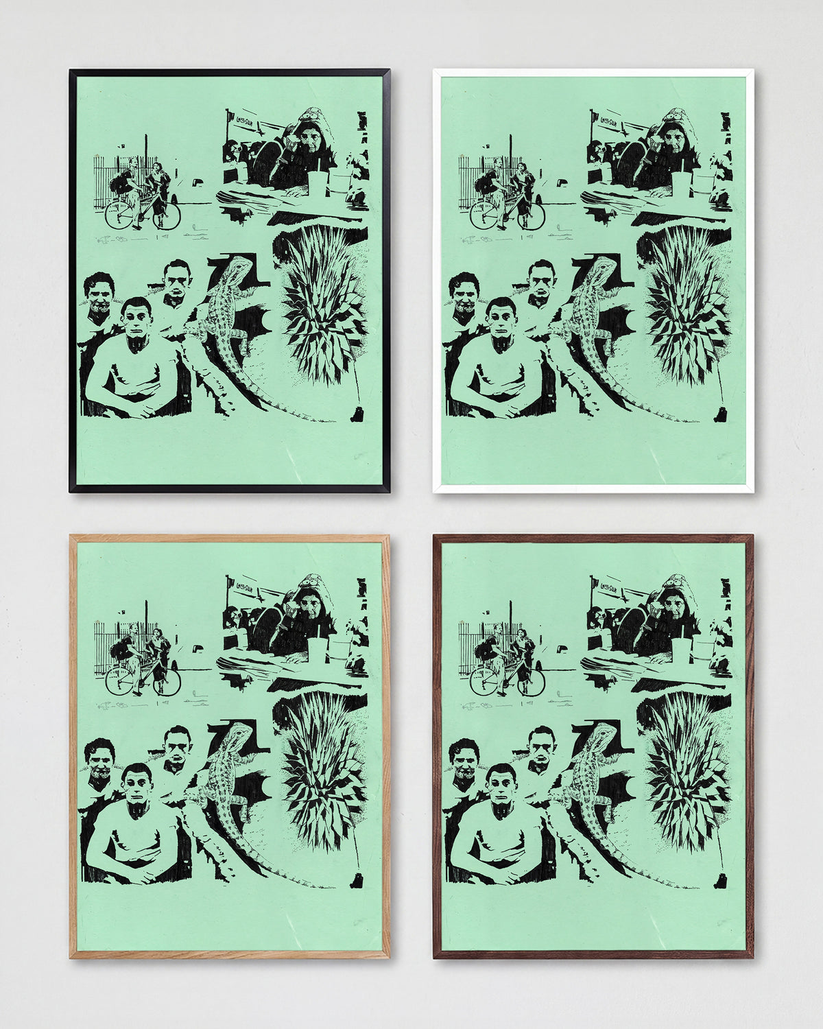 Desert Stories vintage western collage print shown in all frame colours