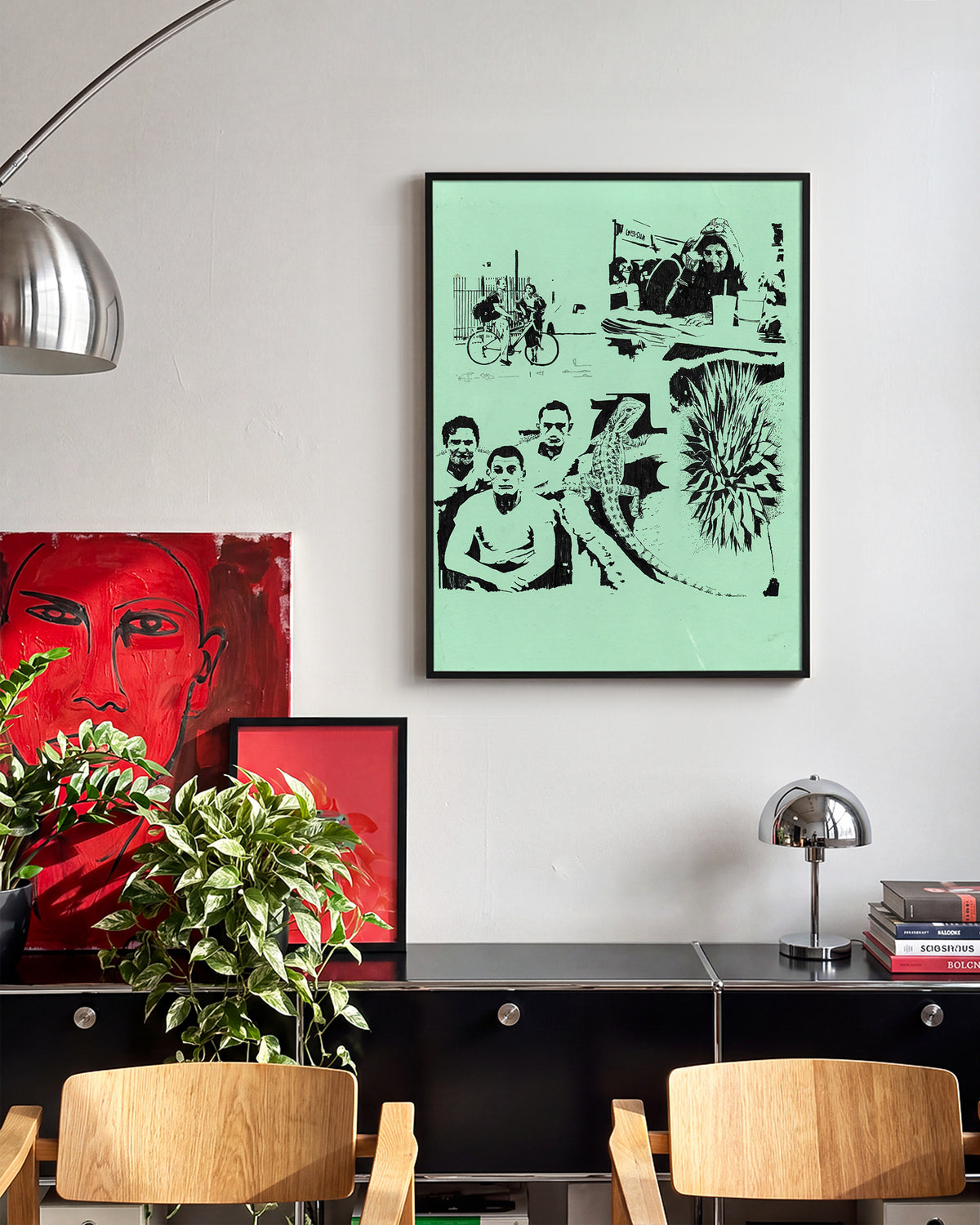 Desert Stories vintage western collage print in a black frame on a wall