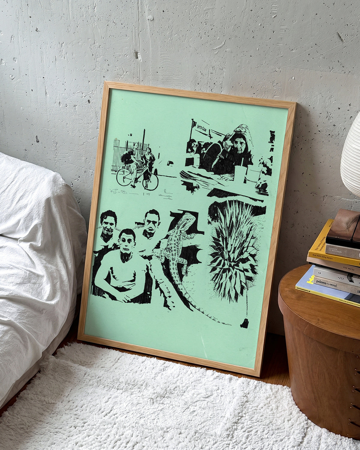Desert Stories vintage western collage print in an oak frame on a wall