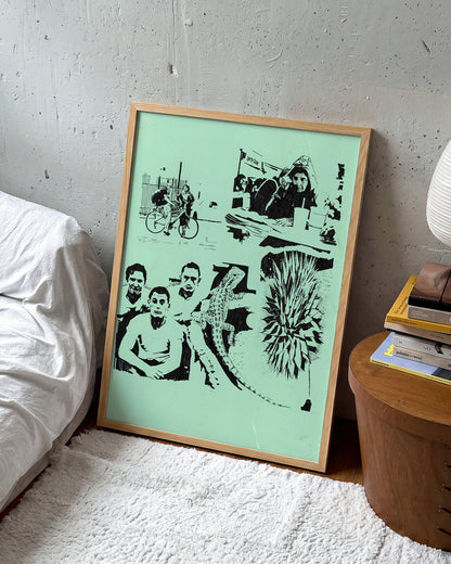 Desert Stories vintage western collage print in an oak frame on a wall