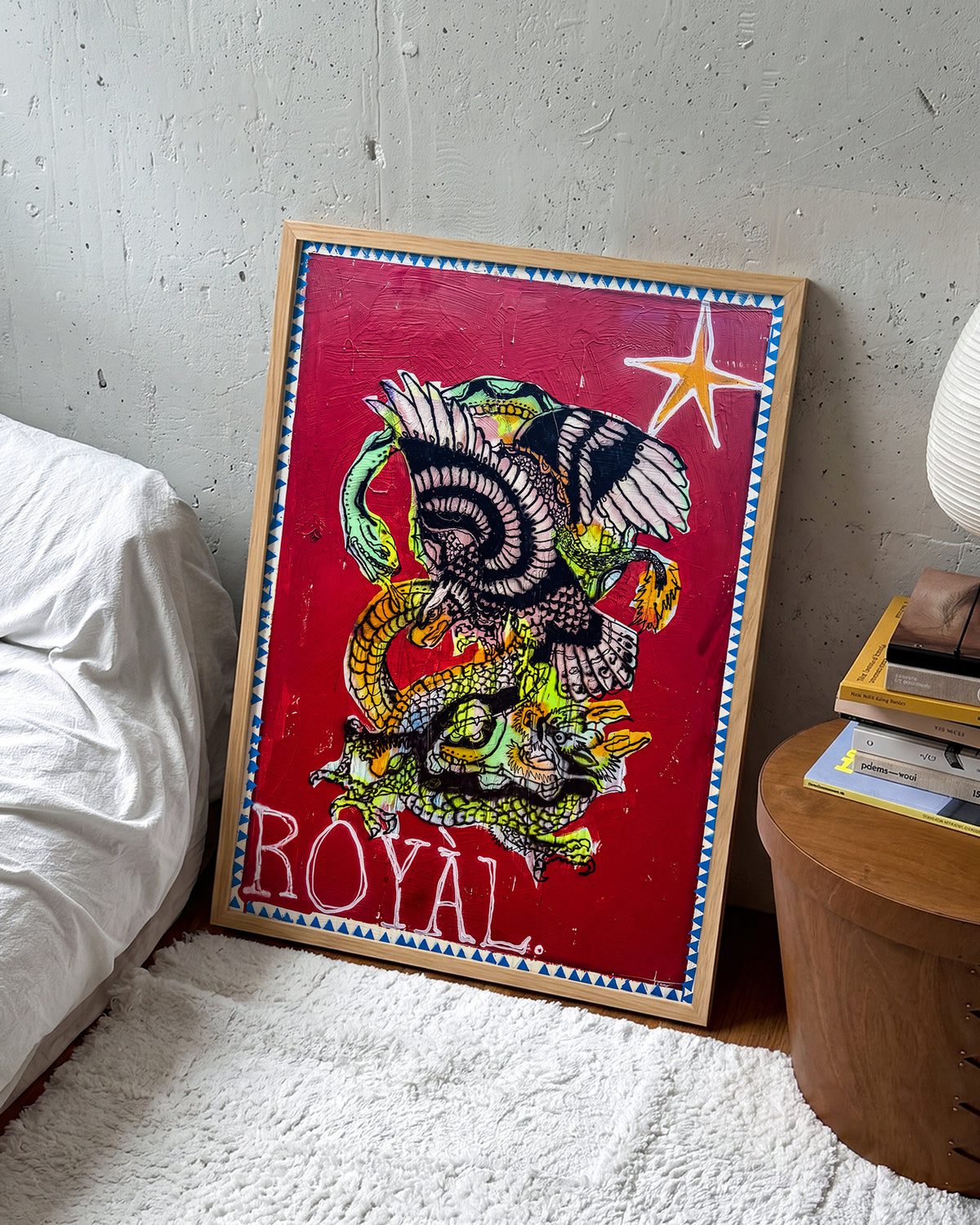Battle Royal pop art comic print in an oak frame, in a room setting