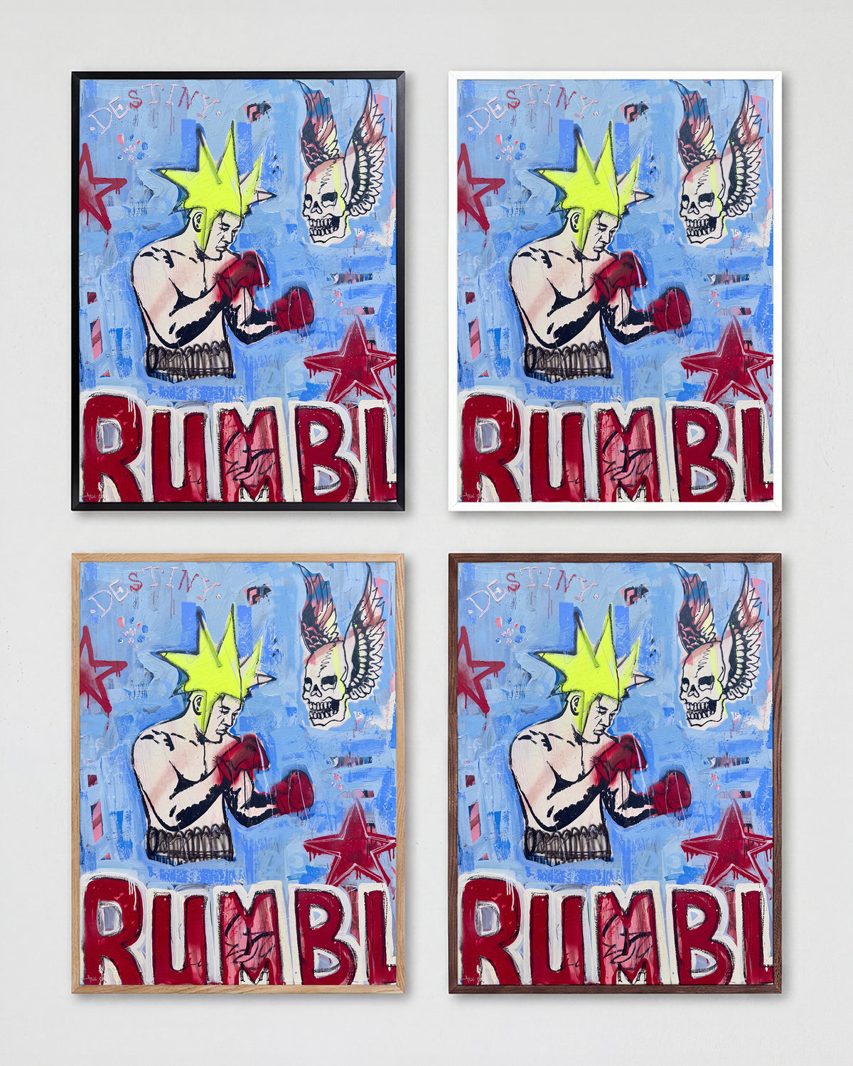 Break Through retro comic pop art print shown in all frame colours