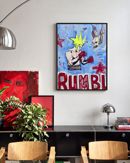 Break Through retro comic pop art print in a black frame, in a room setting