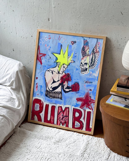 Break Through retro comic pop art print in an oak frame, in a room setting