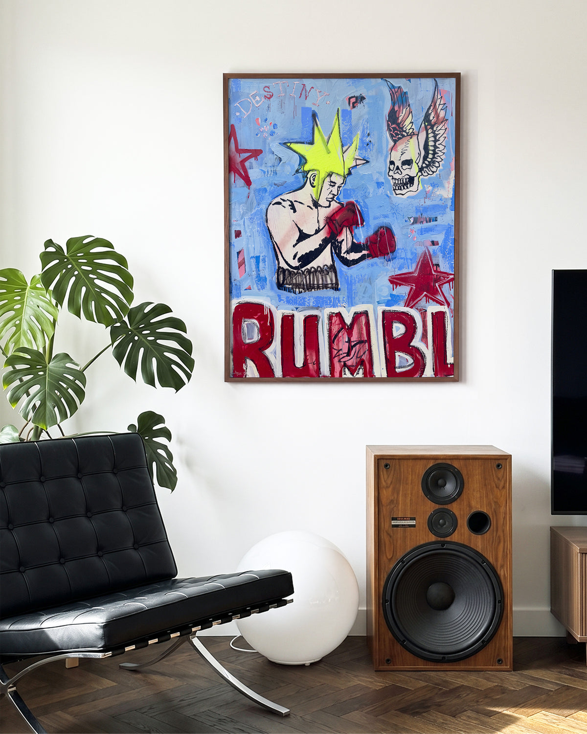 Break Through retro comic pop art print in a walnut frame, in a room setting