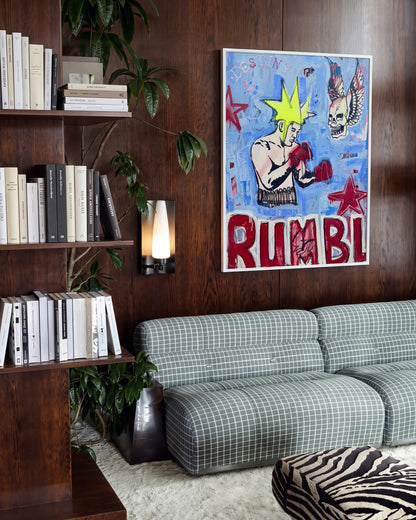 Break Through retro comic pop art print in a white frame, in a room setting