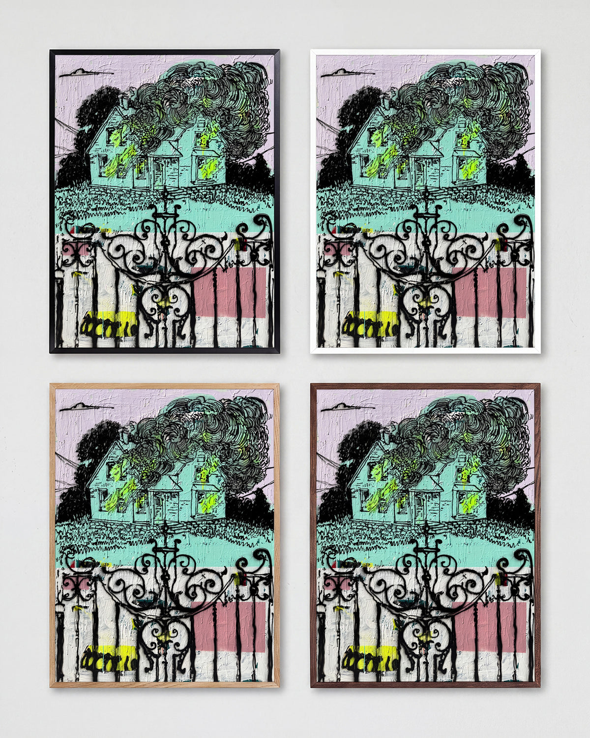 Broken pop art comic collage print shown in all frame colours